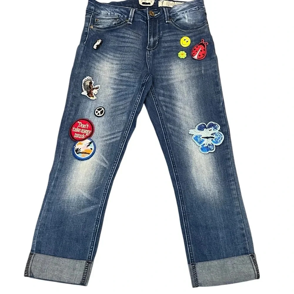 Indigo Rein Women's Size 7‎ Jeans Embellished Patches Blue Denim Straight Leg